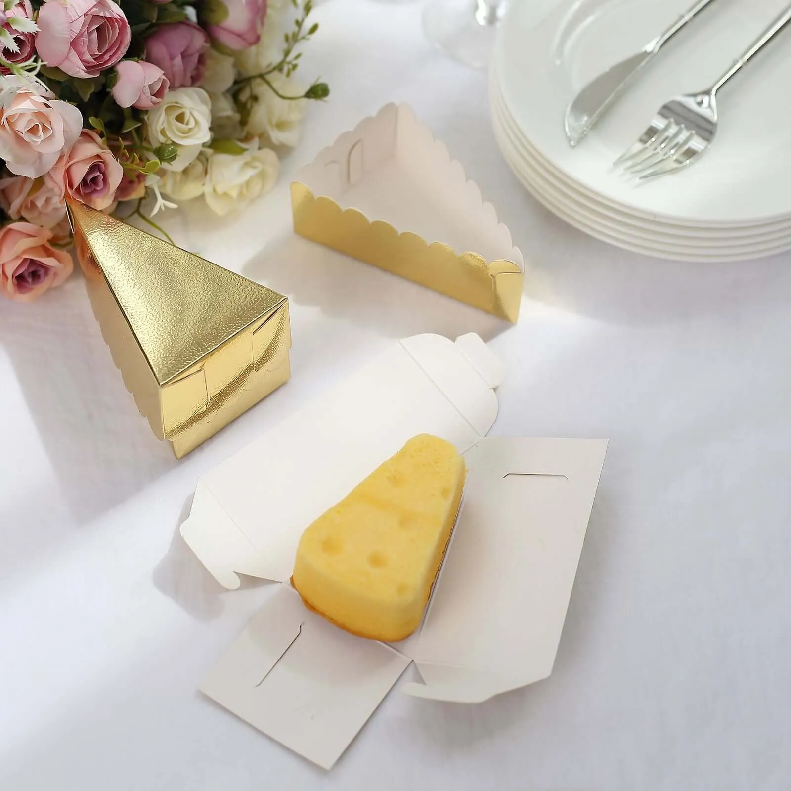 10 Pack 4"x2.5" Gold Single Slice Triangular Cake Boxes with Scalloped Top, Party Favor Gift Box