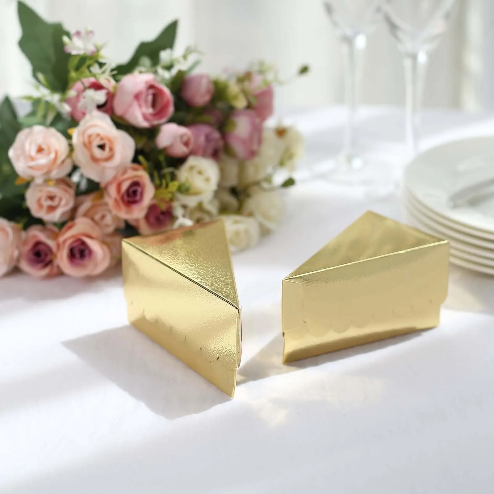 10 Pack 4"x2.5" Gold Single Slice Triangular Cake Boxes with Scalloped Top, Party Favor Gift Box