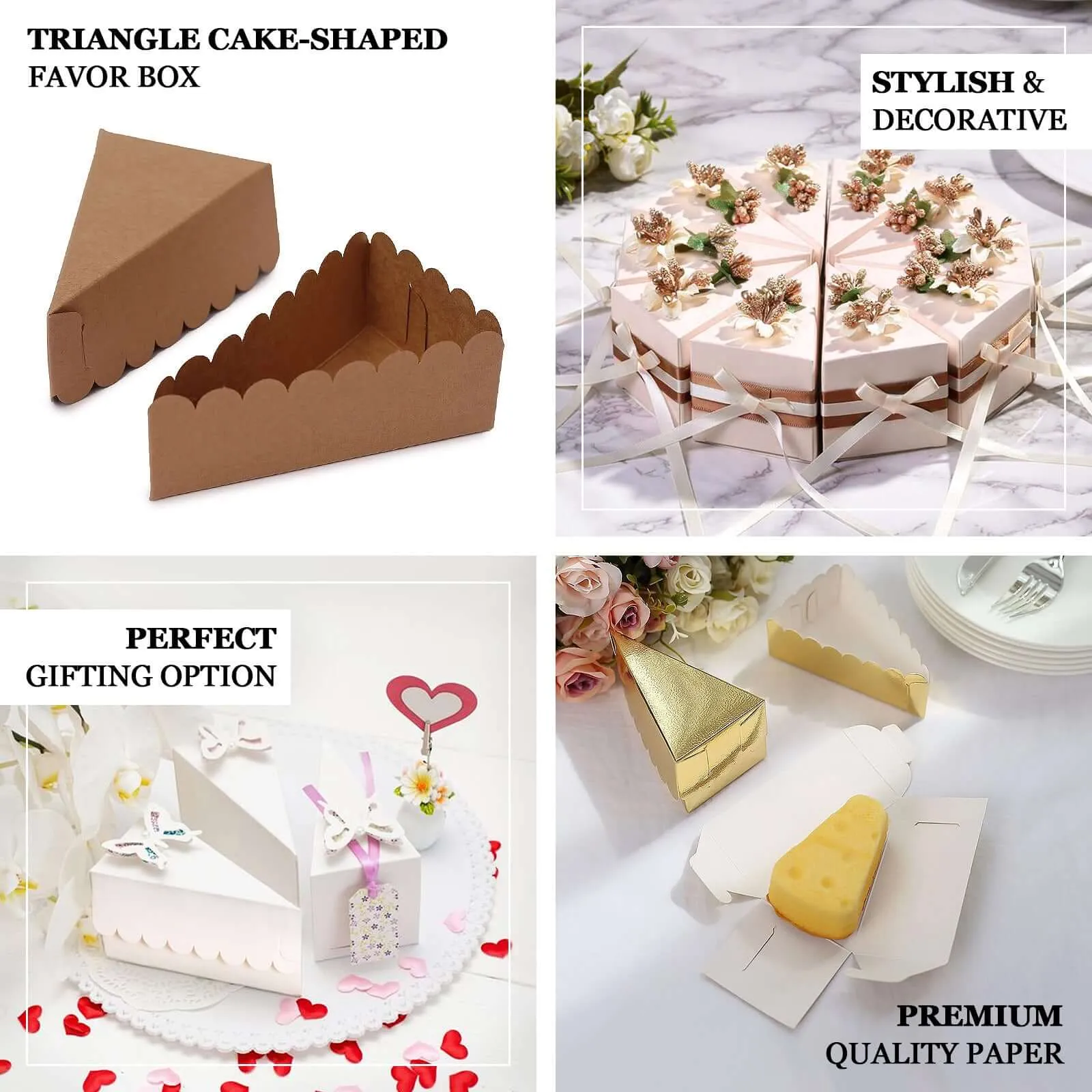 10 Pack 5"x3" Single Slice Natural Brown Paper Cake Boxes With White Base, Triangular Pie Slice Dessert Box with Scalloped Top