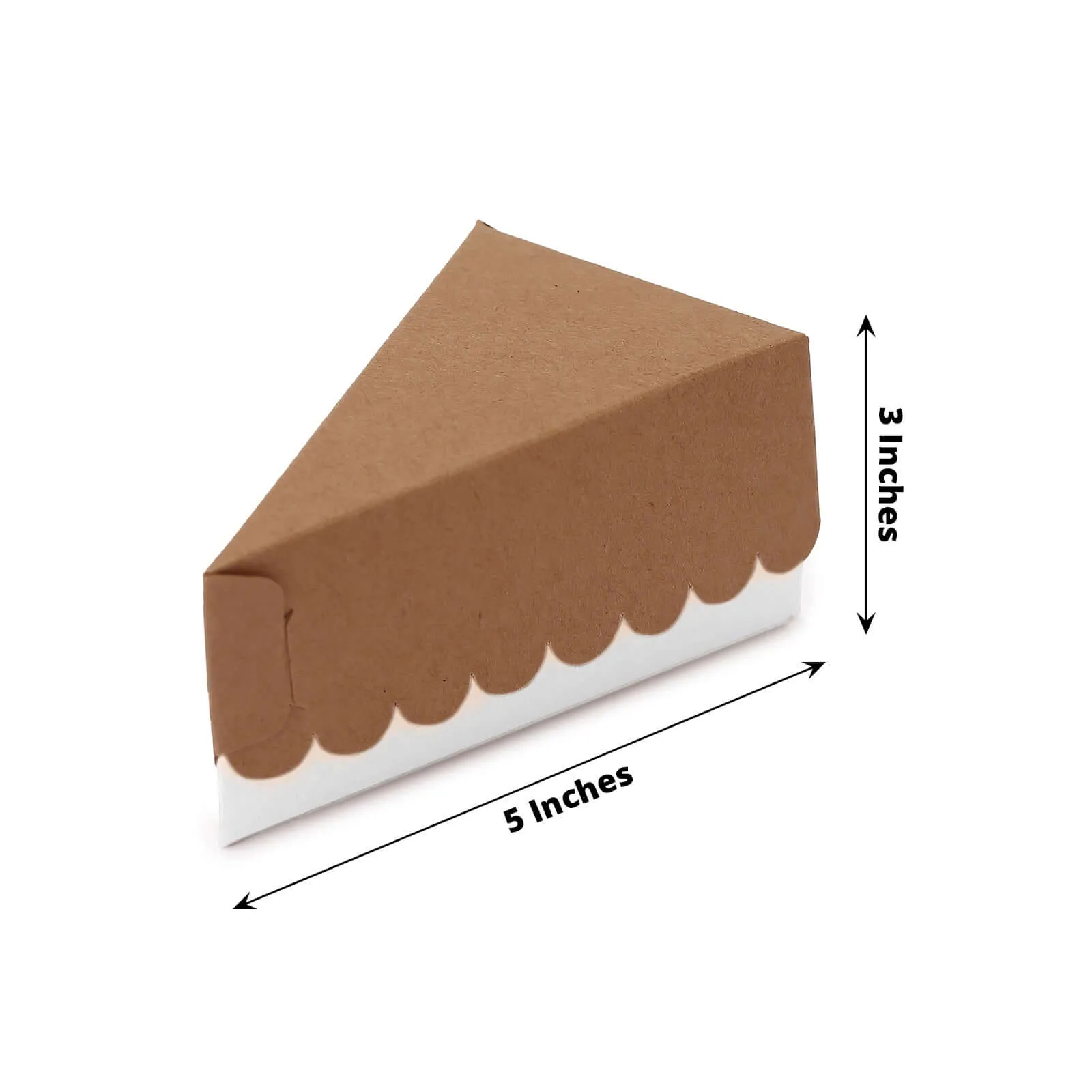 10 Pack 5"x3" Single Slice Natural Brown Paper Cake Boxes With White Base, Triangular Pie Slice Dessert Box with Scalloped Top