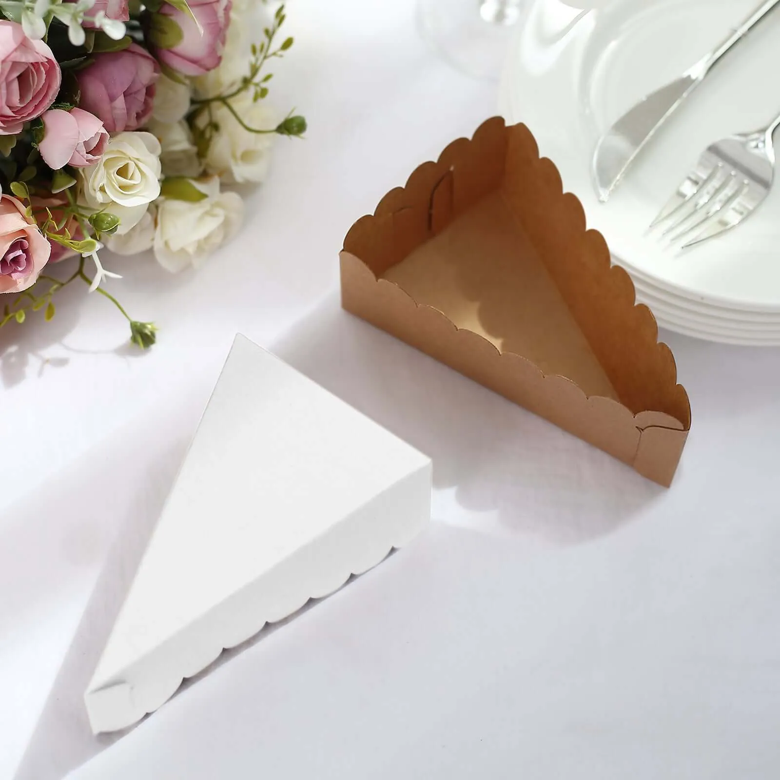 10 Pack 5"x3" Single Slice Natural Brown Paper Cake Boxes With White Base, Triangular Pie Slice Dessert Box with Scalloped Top