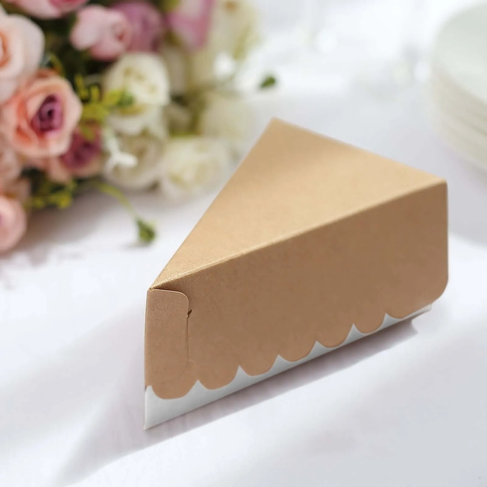 10 Pack 5"x3" Single Slice Natural Brown Paper Cake Boxes With White Base, Triangular Pie Slice Dessert Box with Scalloped Top