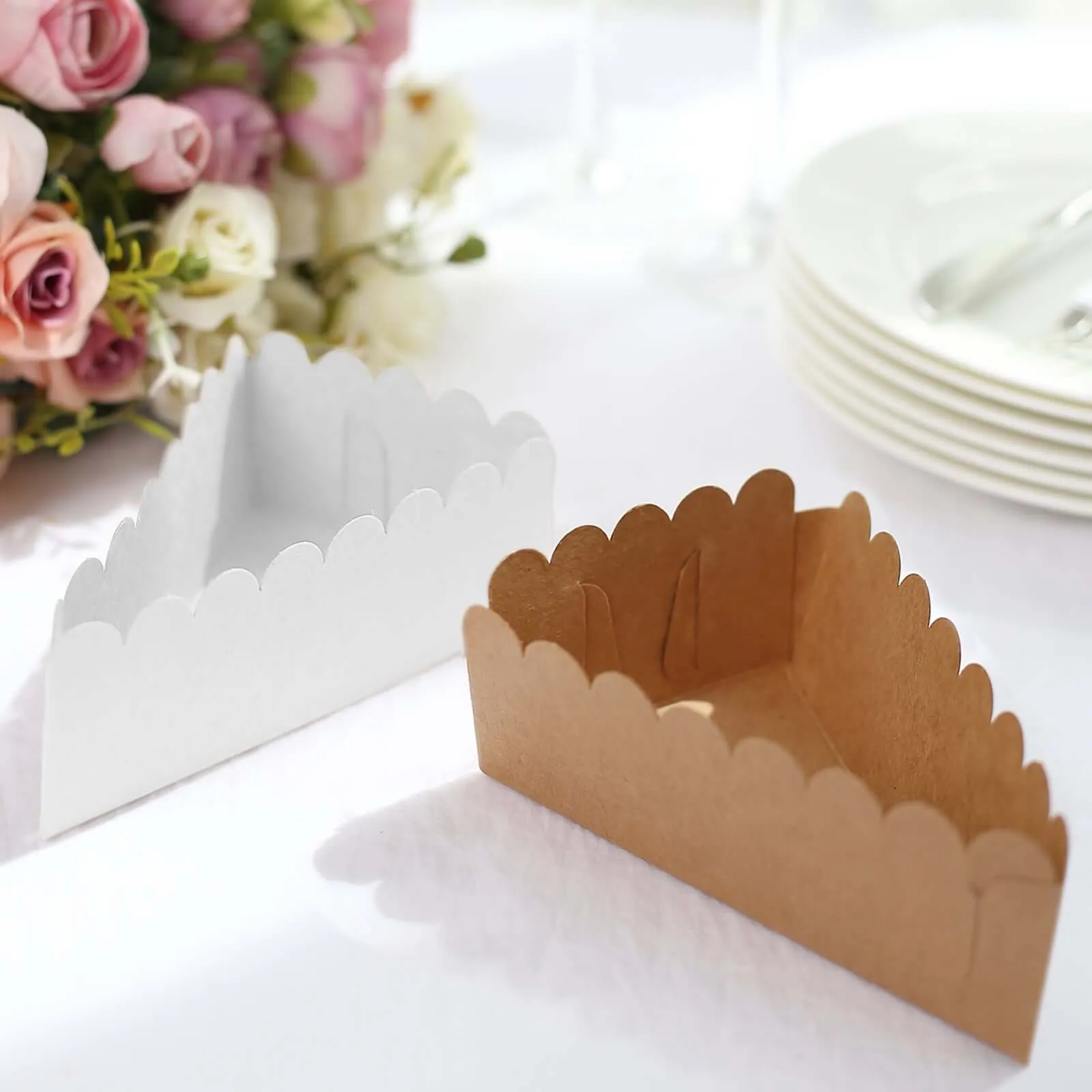 10 Pack 5"x3" Single Slice Natural Brown Paper Cake Boxes With White Base, Triangular Pie Slice Dessert Box with Scalloped Top