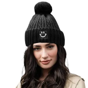 Fleece Lining Smile Pointed Pom Pom Beanie Hat