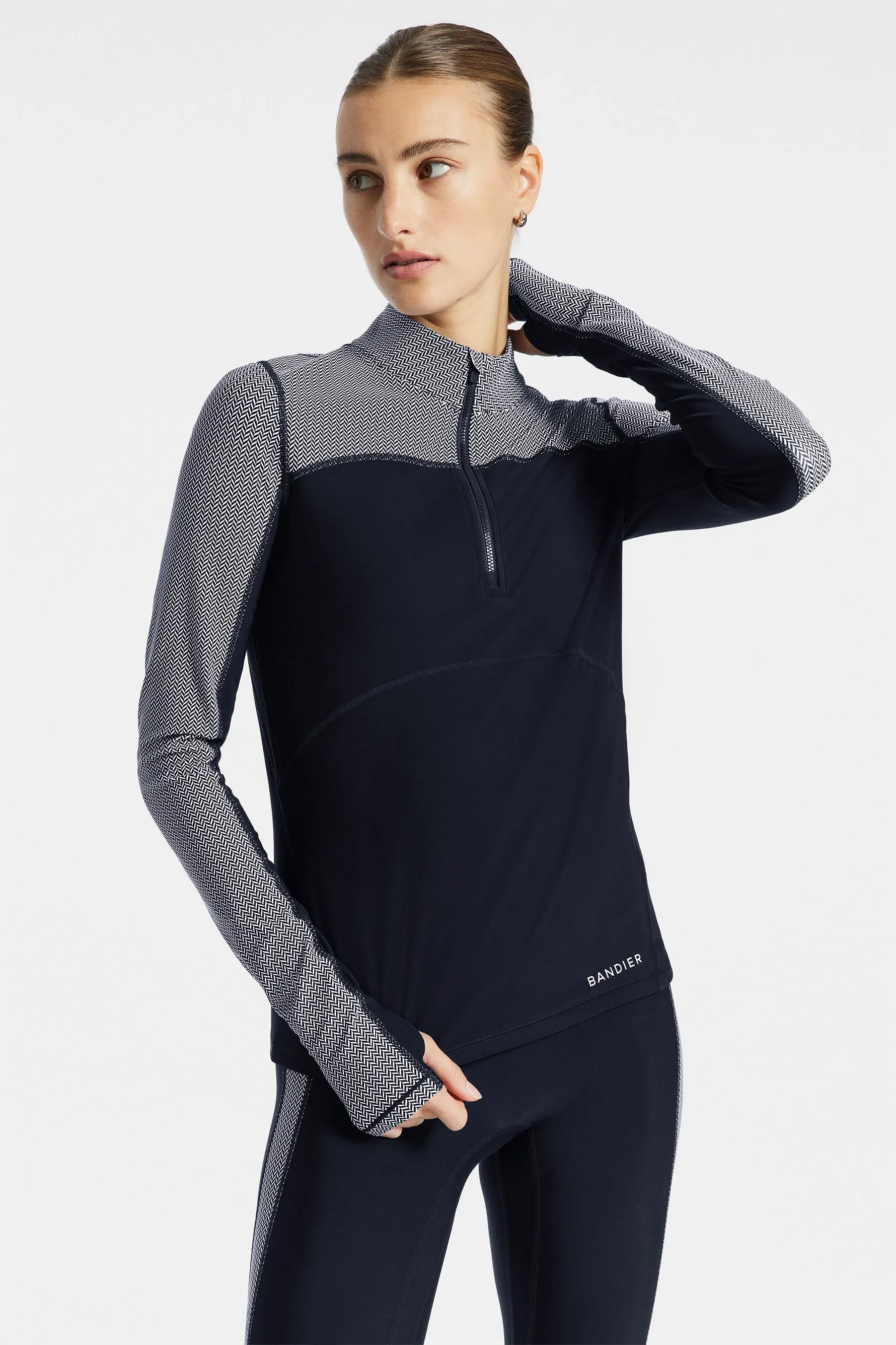 Pro Fleece 1/4 Zip Color Block Long Sleeve Top - Black/white Herringbone