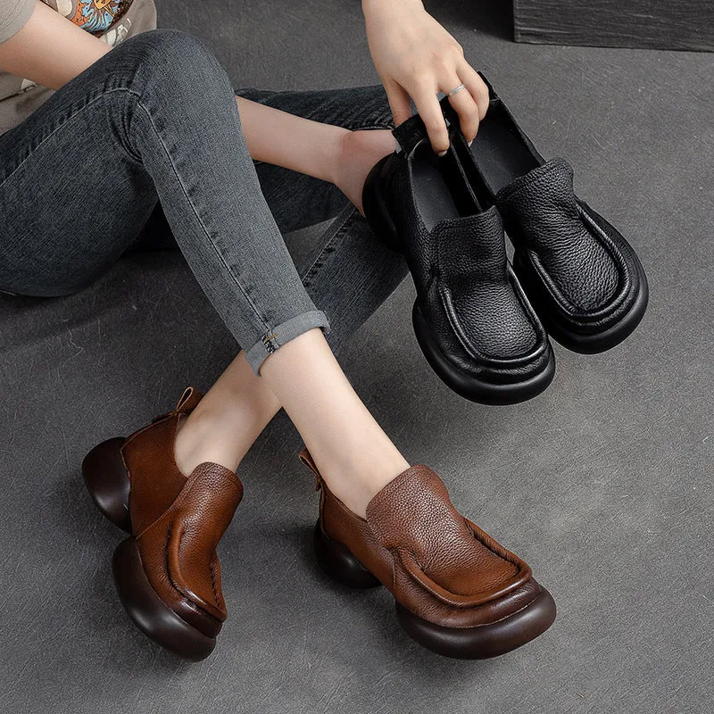 Women Retro Minimalist Soft Leather Thick Soled Casual Shoes