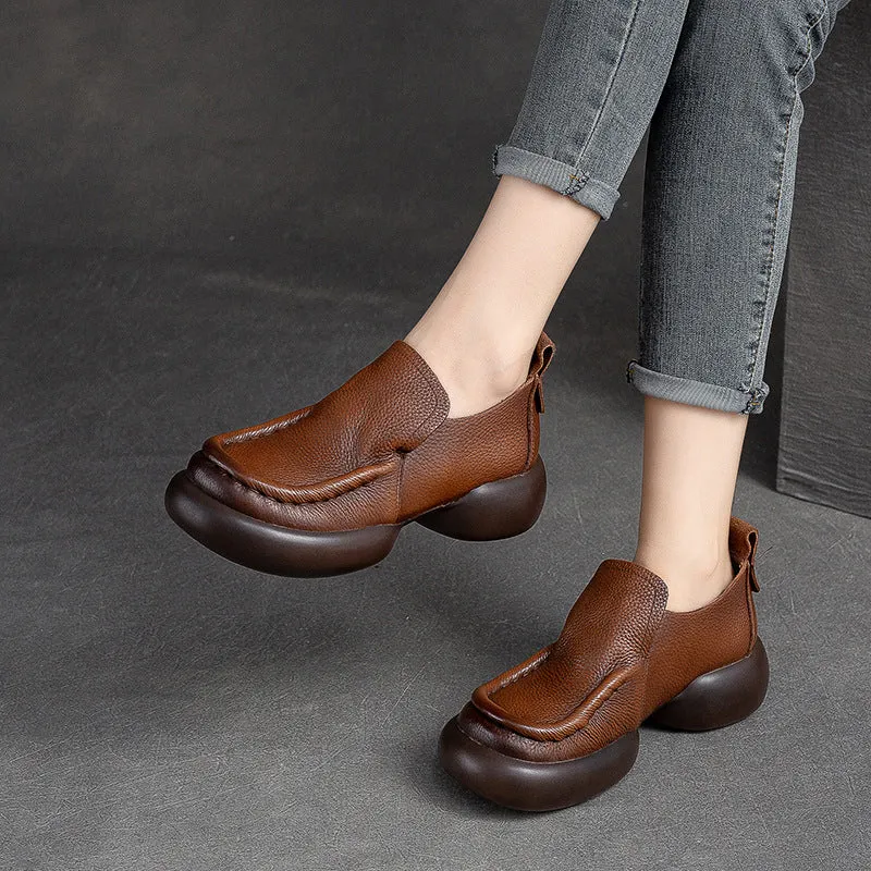 Women Retro Minimalist Soft Leather Thick Soled Casual Shoes