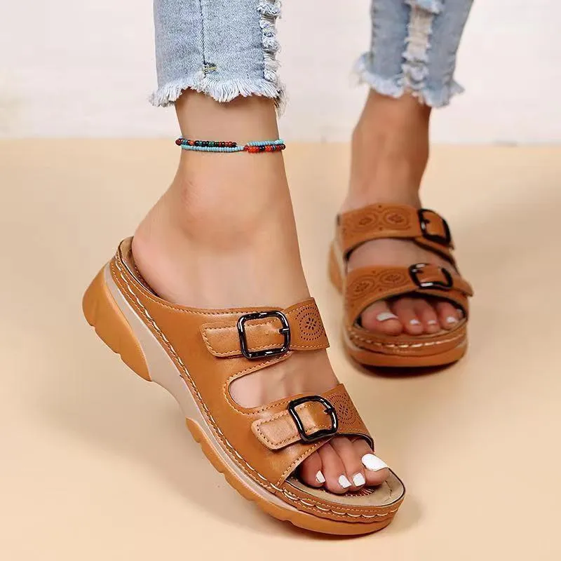 Women’s Double Buckle Slipper Sandals – Summer Casual Flats