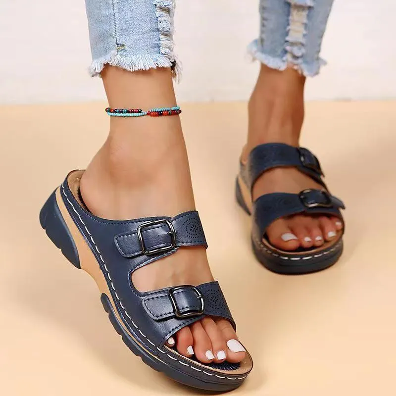 Women’s Double Buckle Slipper Sandals – Summer Casual Flats